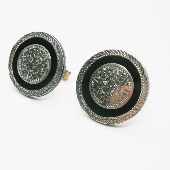 Vintage Sterling Silver Cufflinks Mayan Calendar Mexico 925 Men Formal Wear - Picture 1 of 5